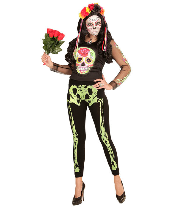 Neon grüne Skelettleeggings mit Skelettmuster für Fasnacht und Halloween