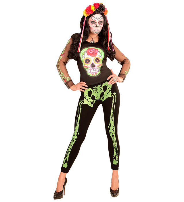 Neon grüne Skelettleeggings mit Skelettmuster für Fasnacht und Halloween