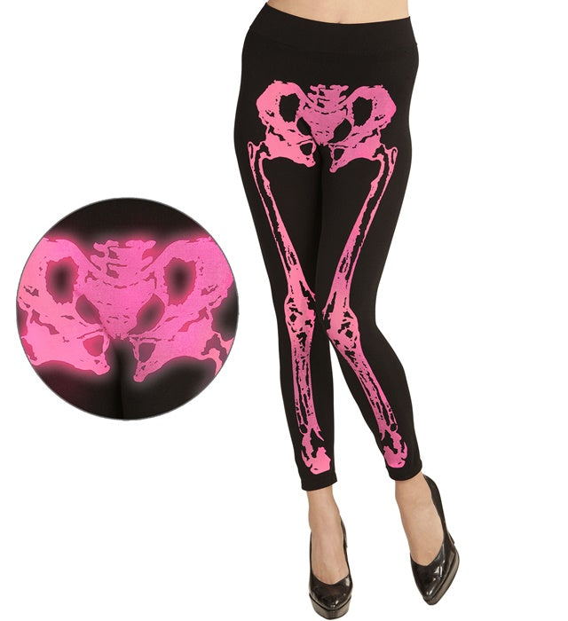 Neon pinke Skelettleeggings mit 75 DEN im Skelettdesign