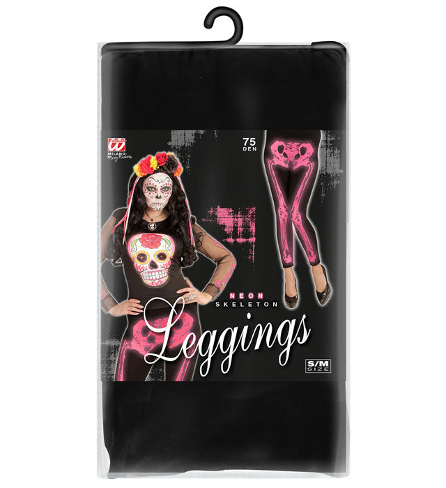 Neon pinke Skelettleeggings mit 75 DEN im Skelettdesign
