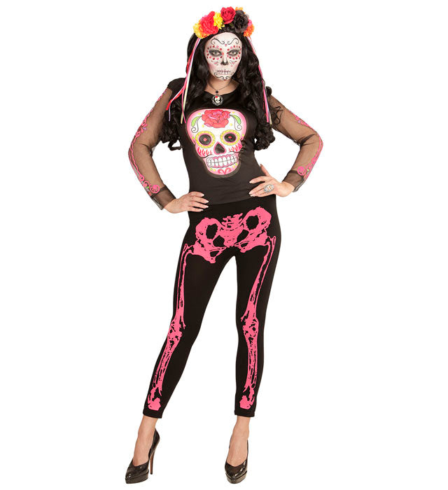 Neon pinke Skelettleeggings mit 75 DEN im Skelettdesign