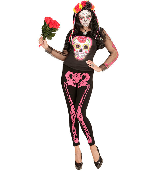 Neon pinke Skelettleeggings mit 75 DEN im Skelettdesign