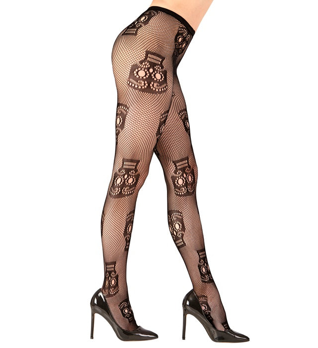 Schwarze Strumpfhose mit Dia de los Muertos Totenköpfen Muster