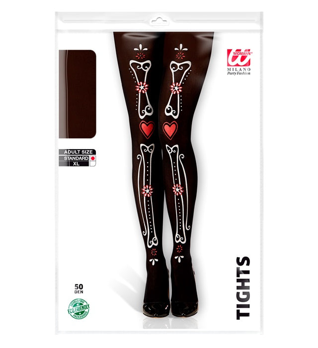 DIA DE LOS MUERTOS Strumpfhose mit Knochenmuster 50 DEN schwarz-weiss