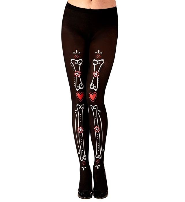 DIA DE LOS MUERTOS Strumpfhose mit Knochenmuster 50 DEN schwarz-weiss