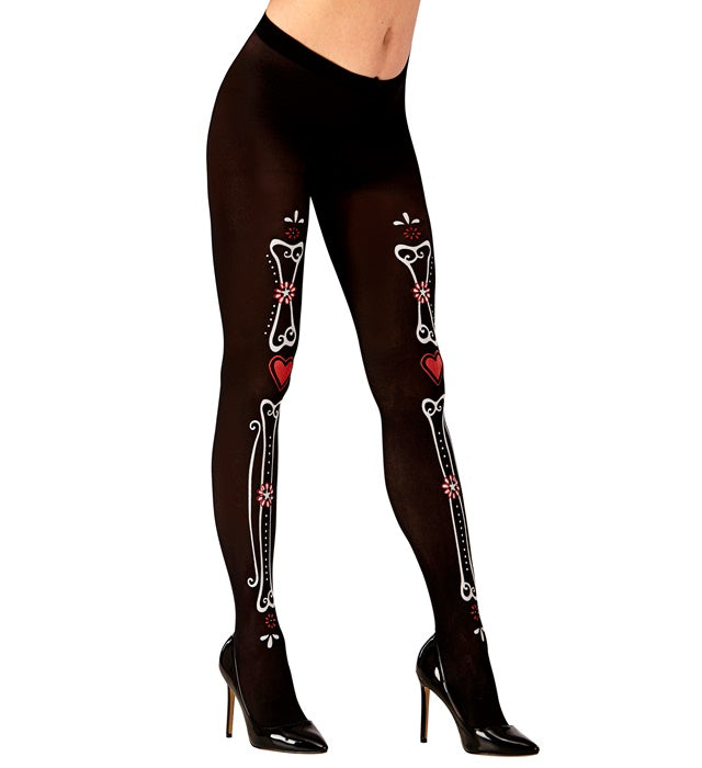 DIA DE LOS MUERTOS Strumpfhose mit Knochenmuster 50 DEN schwarz-weiss