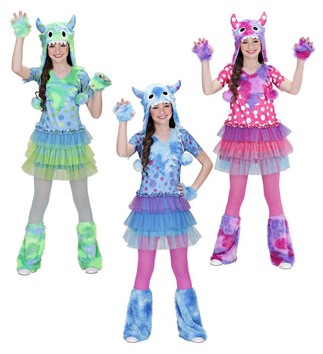 Monster Girl Kostüm-Set mit Kleid, Handschuhen und Kopfbedeckung in verschiedenen Farben