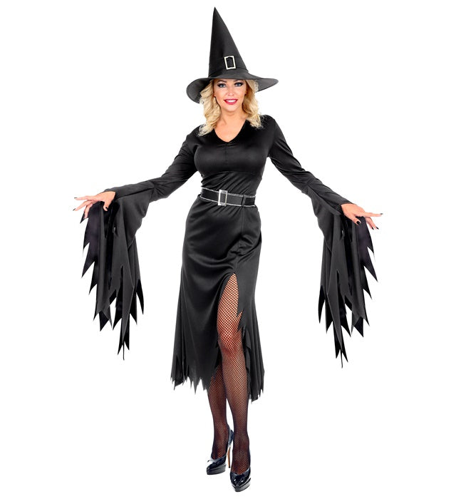 Dreiteiliges Hexenkostüm mit schwarzem Kleid, Gürtel und spitzem Hexenhut