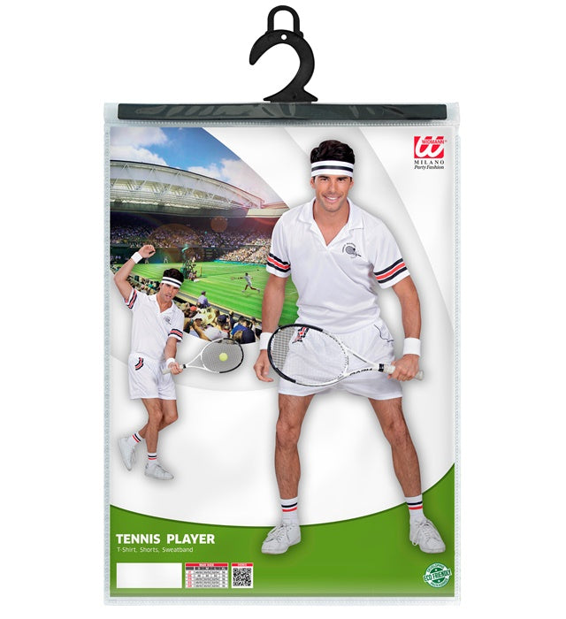 Tennisspieler Kostüm Set mit T-Shirt, Hose und Schweißband auf hellem Hintergrund