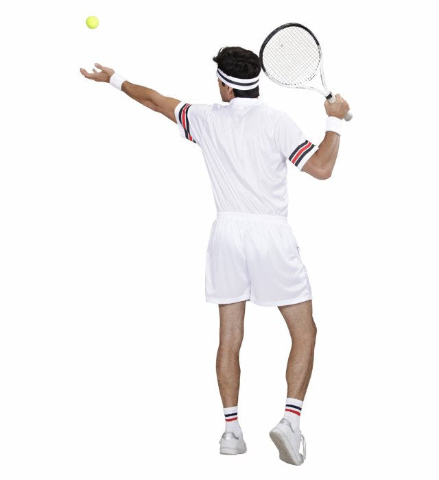 Tennisspieler Kostüm Set mit T-Shirt, Hose und Schweißband auf hellem Hintergrund