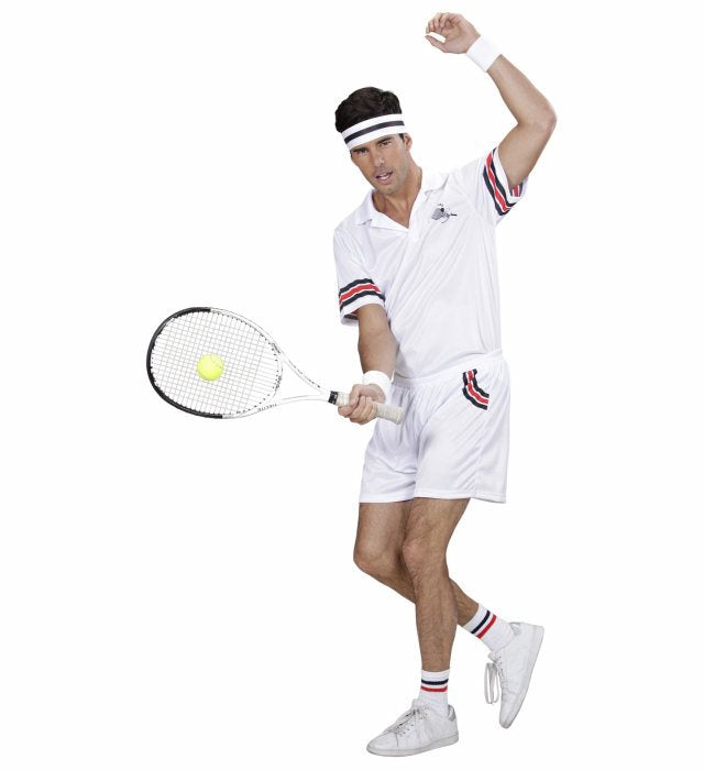 Tennisspieler-Kostüm bestehend aus T-Shirt, Hose und Schweißband für Fasnacht