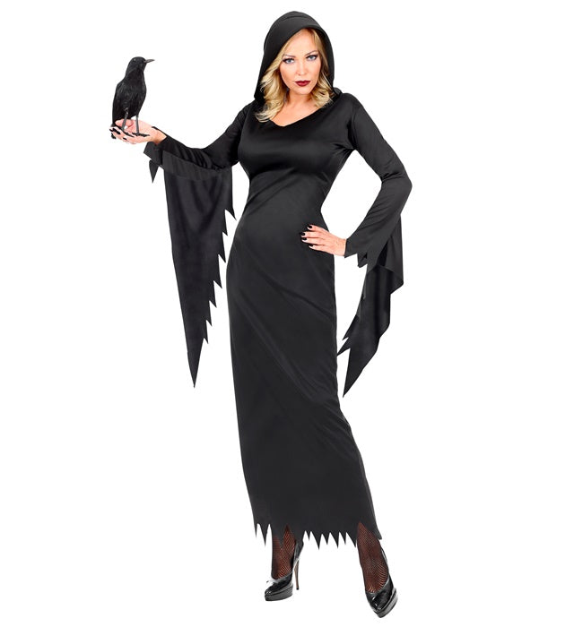 Dunkle Königin Kostüm mit Kapuze in elegantem schwarzem Kleid