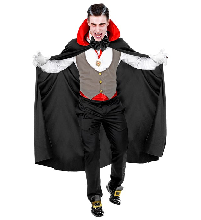 Vampir-Kostüm mit schwarzer Weste, Umhang, Fliege, Kummerbund und Handschuhen