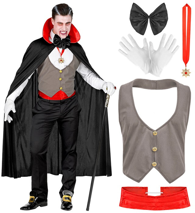 Vampir-Kostüm mit schwarzer Weste, Umhang, Fliege, Kummerbund und Handschuhen