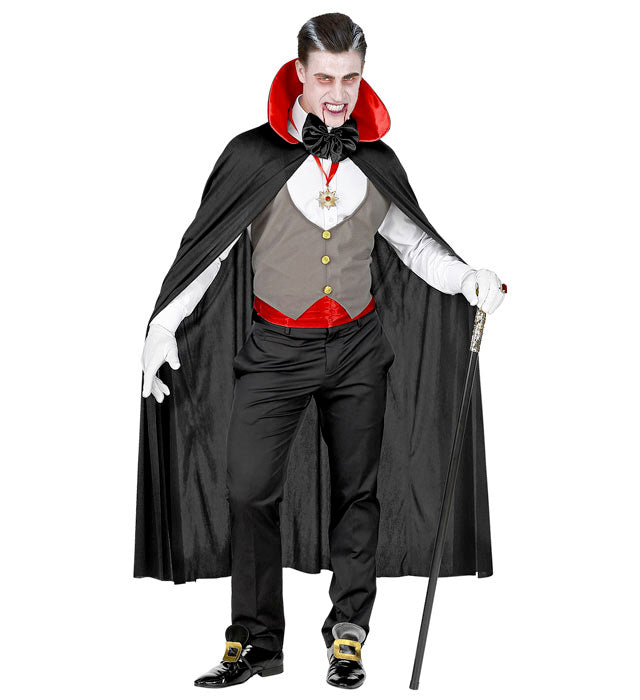 Vampir-Kostüm mit schwarzer Weste, Umhang, Fliege, Kummerbund und Handschuhen