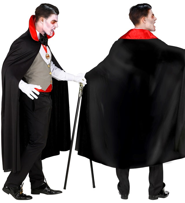 Vampir-Kostüm mit schwarzer Weste, Umhang, Fliege, Kummerbund und Handschuhen