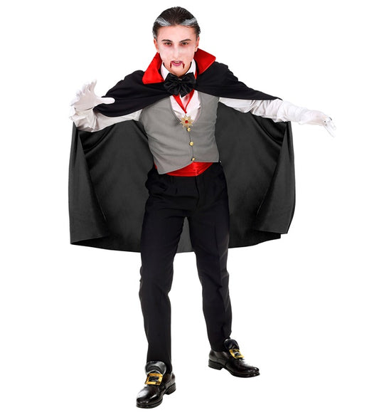 Vampir-Kostüm mit schwarzem Umhang, Weste, Fliege und Kette