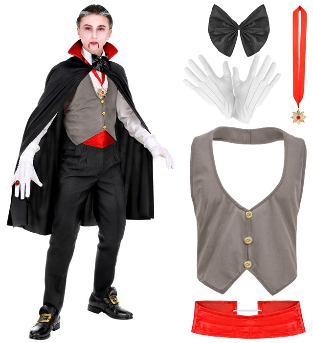 Vampir-Kostüm mit schwarzem Umhang, Weste, Fliege und Kette
