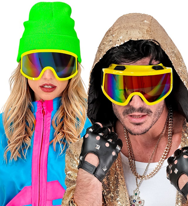 Neon gelbe Skibrille für Après-Ski und Festivals auf weißem Hintergrund