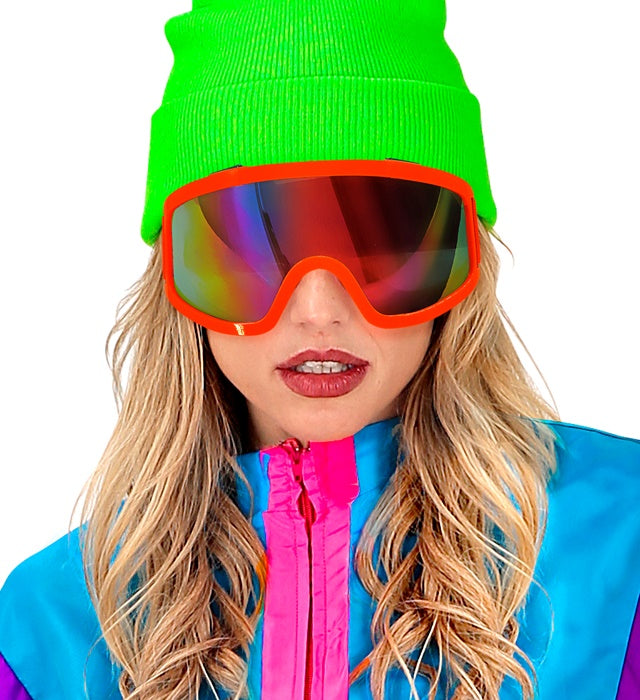 Neon orange Skibrille mit verstellbarem Band vor weissem Hintergrund