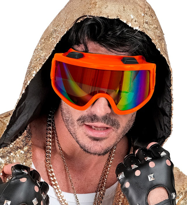 Neon orange Skibrille für Après-Ski und Festival mit verstellbarem Gurt