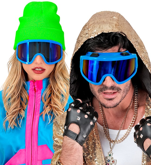 Blaue Skibrille mit verstellbarem Riemen für Après-Ski und Festivals
