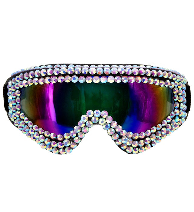 Skibrille mit funkelnden Strasssteinen auf schwarzem Rahmen für Après-Ski und Festivals
