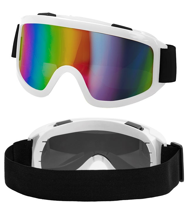 Weisse Skibrille mit verstellbarem Gurt auf weißem Hintergrund