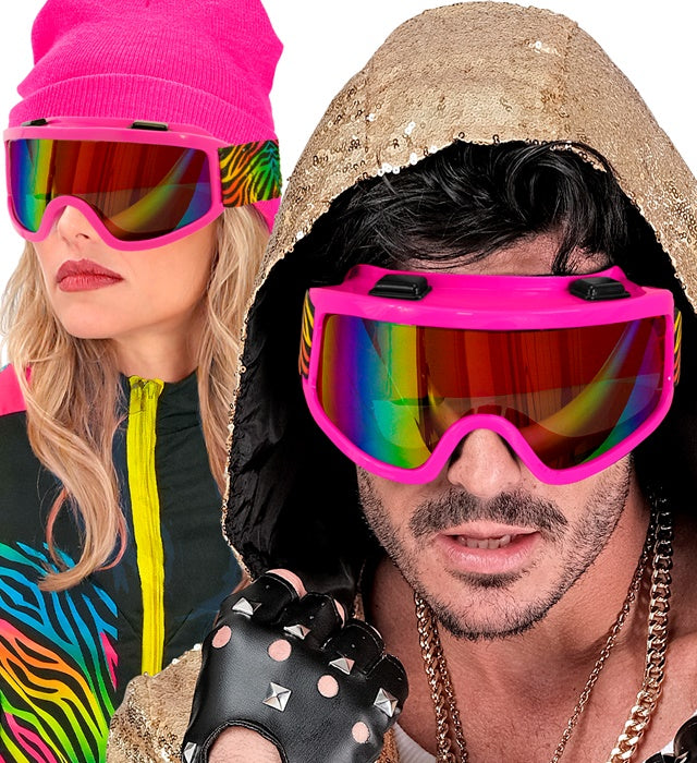 Skibrille mit buntem Regenbogen-Tigermuster auf weißem Hintergrund