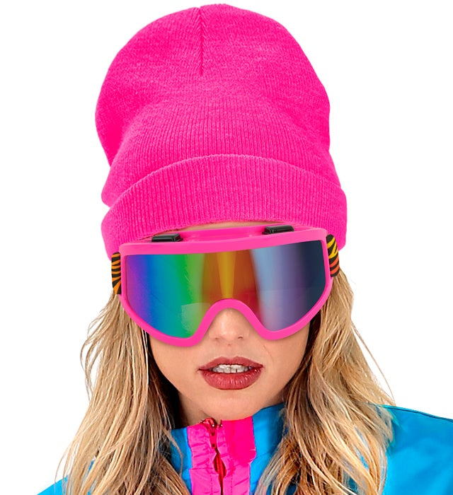 Skibrille mit buntem Regenbogen-Tigermuster auf weißem Hintergrund