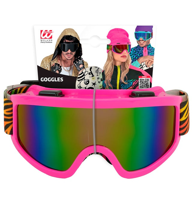 Skibrille mit buntem Regenbogen-Tigermuster auf weissem Hintergrund