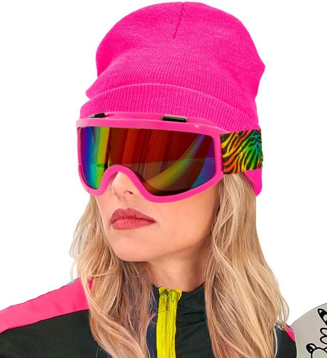 Skibrille mit buntem Regenbogen-Tigermuster auf weissem Hintergrund