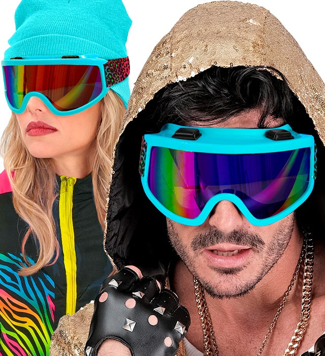 Skibrille mit farbenfrohem Regenbogen-Leopardenmuster auf weissem Hintergrund