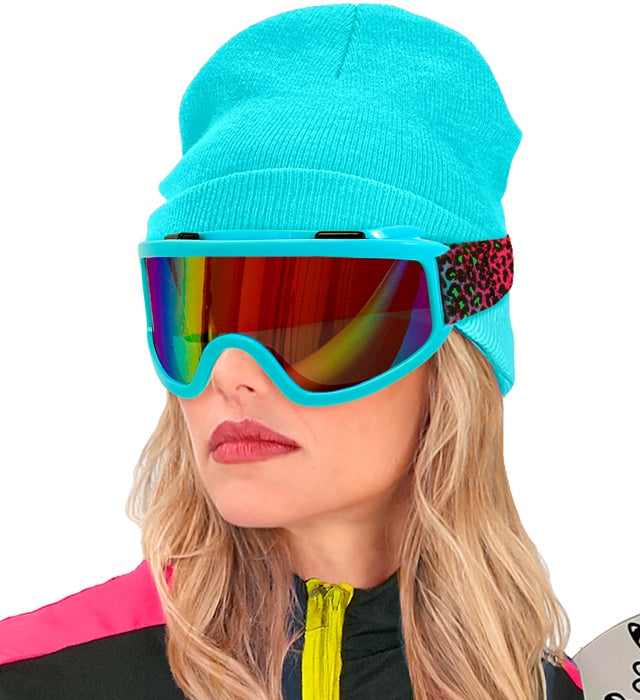 Skibrille mit farbenfrohem Regenbogen-Leopardenmuster auf weissem Hintergrund