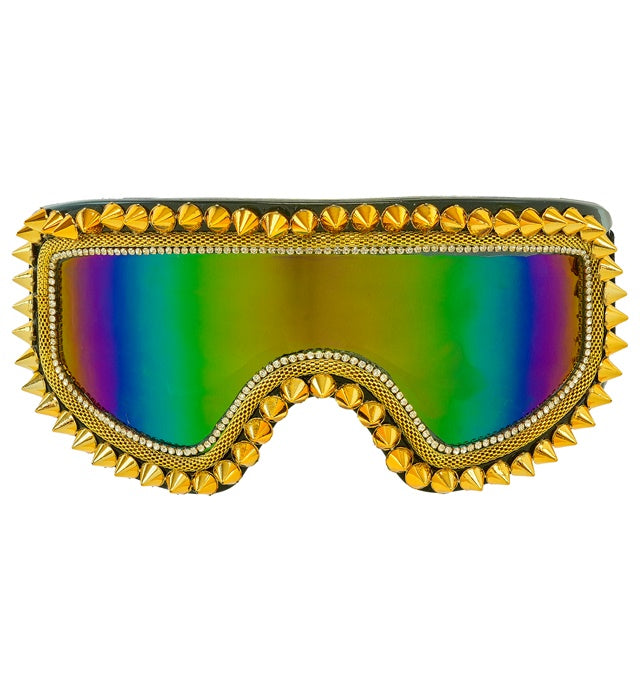 Skibrille mit goldenen Nieten und Strass auf schwarzem Gestell