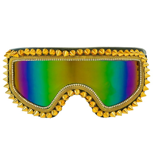 Skibrille mit goldenen Nieten und Strass auf schwarzem Gestell