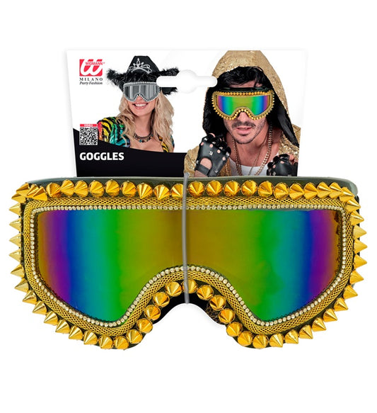 Skibrille mit goldenen Nieten und Strass auf schwarzem Gestell