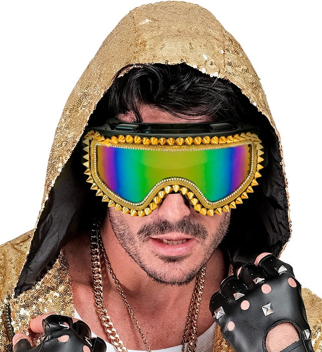 Skibrille mit goldenen Nieten und Strass auf schwarzem Gestell