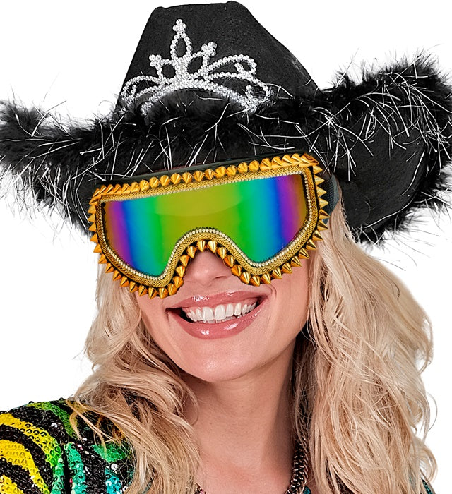 Skibrille mit goldenen Nieten und Strass auf schwarzem Gestell