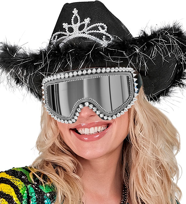 Skibrille mit silbernen Nieten und Strass auf schwarzem Gestell