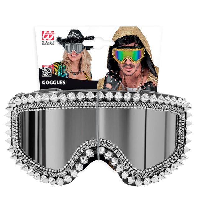 Après-Ski Skibrille mit silbernen Nieten und Strass für Wintersport und Fasnacht