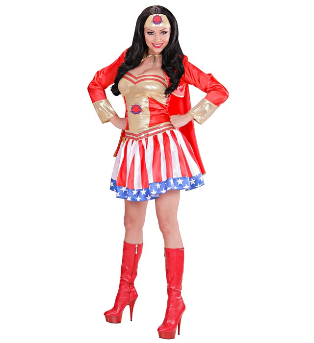 Super Hero Girl Kostüm mit rotem Umhang und passendem Kopfteil
