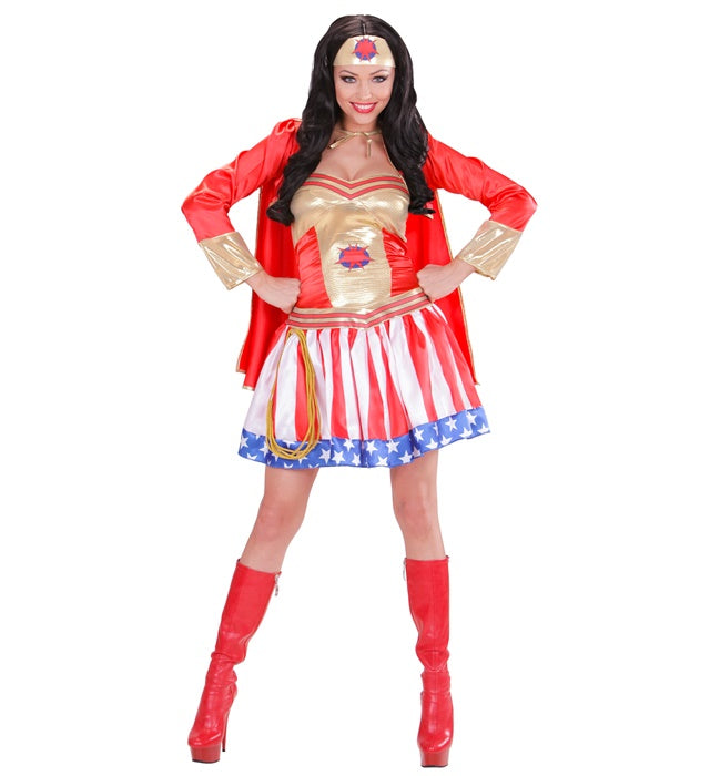 Super Hero Girl Kostüm mit rotem Umhang und passendem Kopfteil