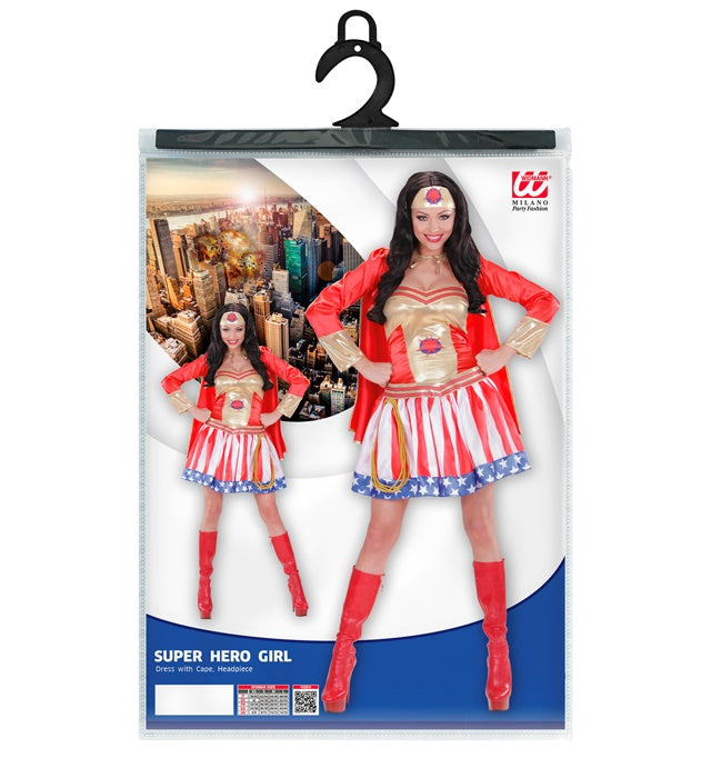 Super Hero Girl Kostüm mit rotem Umhang und passendem Kopfteil