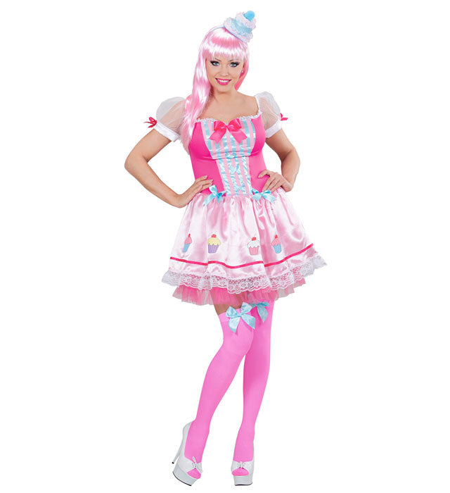 Cupcake Girl Kostüm mit buntem Kleid und Minihut für Fasnacht
