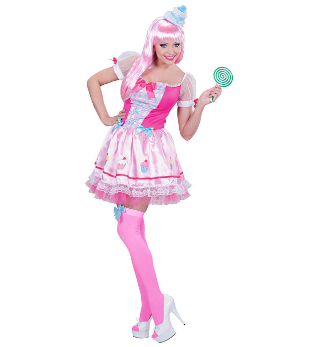 Cupcake Girl Kostüm mit buntem Kleid und Minihut für Fasnacht