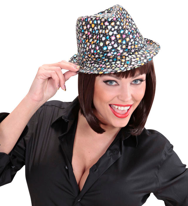 Schwarzer Fedora-Hut mit bunten Pailletten, Fasnacht Accessoire