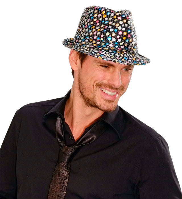 Schwarzer Fedora-Hut mit bunten Pailletten, Fasnacht Accessoire
