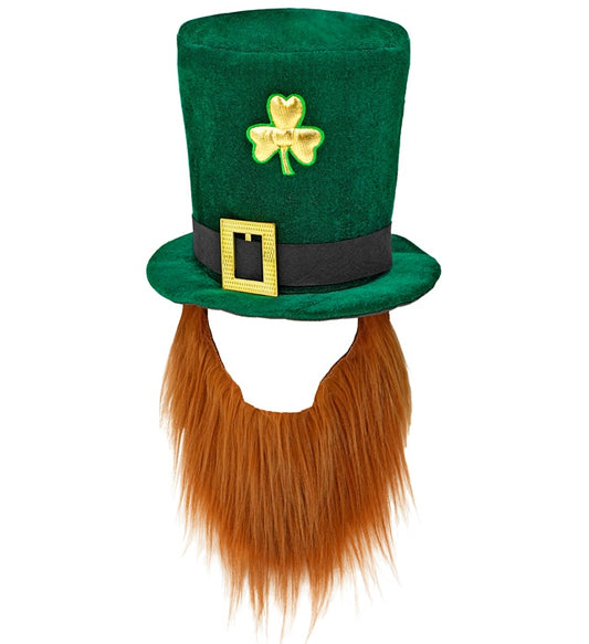 Grüner Leprechaun-Zylinder mit Bart, 25 cm, Fasnachts-Accessoire