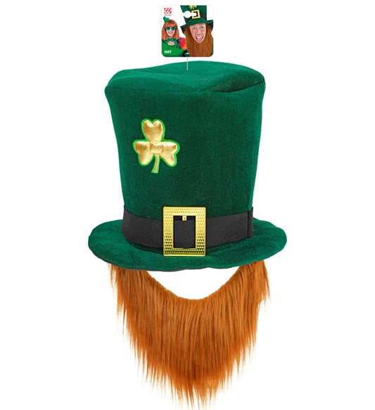 Grüner Leprechaun-Zylinder mit Bart, 25 cm, Fasnachts-Accessoire
